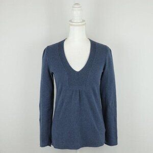 Eddie Bauer Women's Small Blue Cotton Blend V-Neck Tight Knit Sweater
